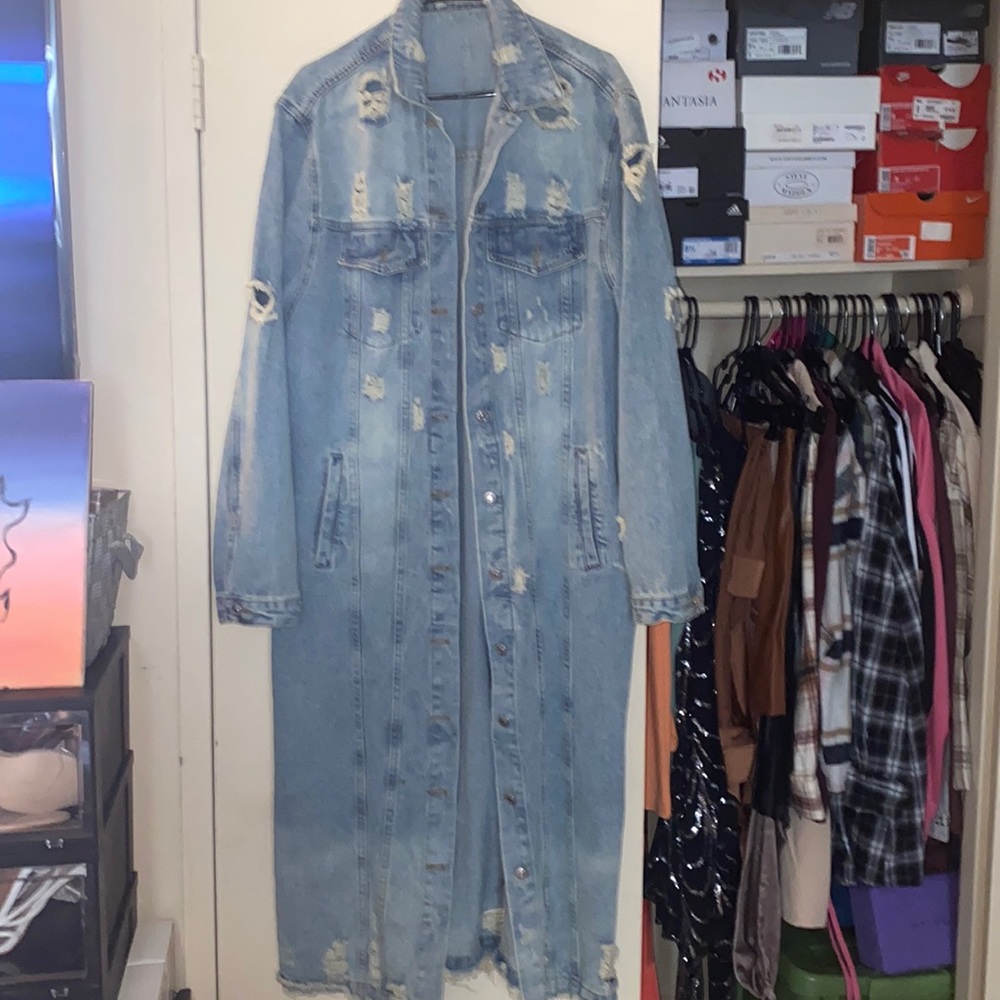 Distressed midaxi length denim jacket